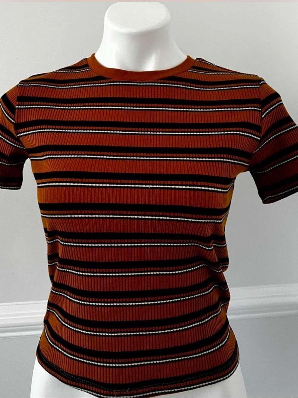 Zara Rust, Black & Cream Striped Ribbed Short-Sleeve Tee